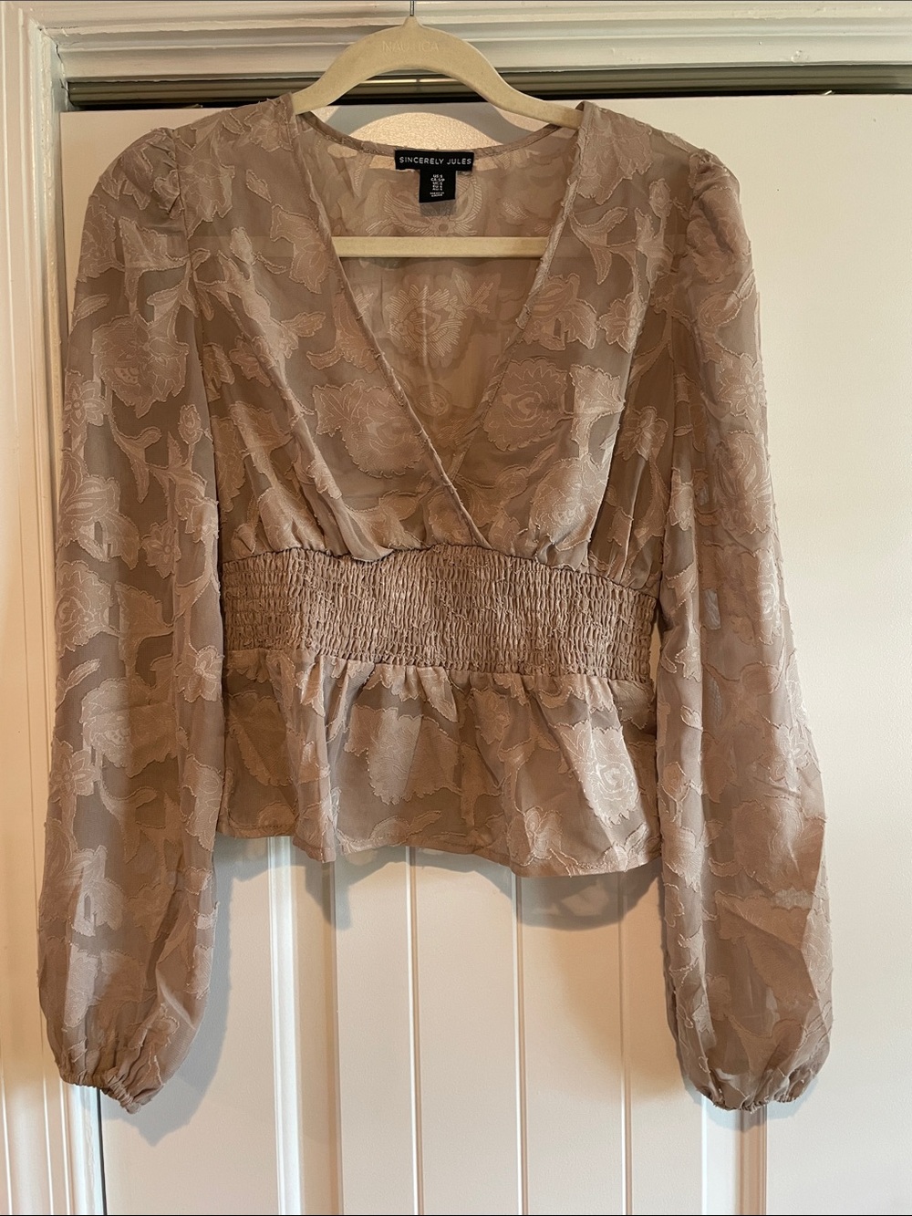 Sincerely Jules Taupe Floral Jacquard Smocked-Waist Blouse